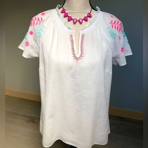 Talbots White Cotton Gauzy Floral Hot Pink Embroidered Top